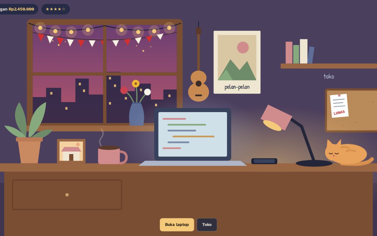 CodeQuest game scene: a cozy studio desk with a laptop showing code, a cat asleep by the lamp