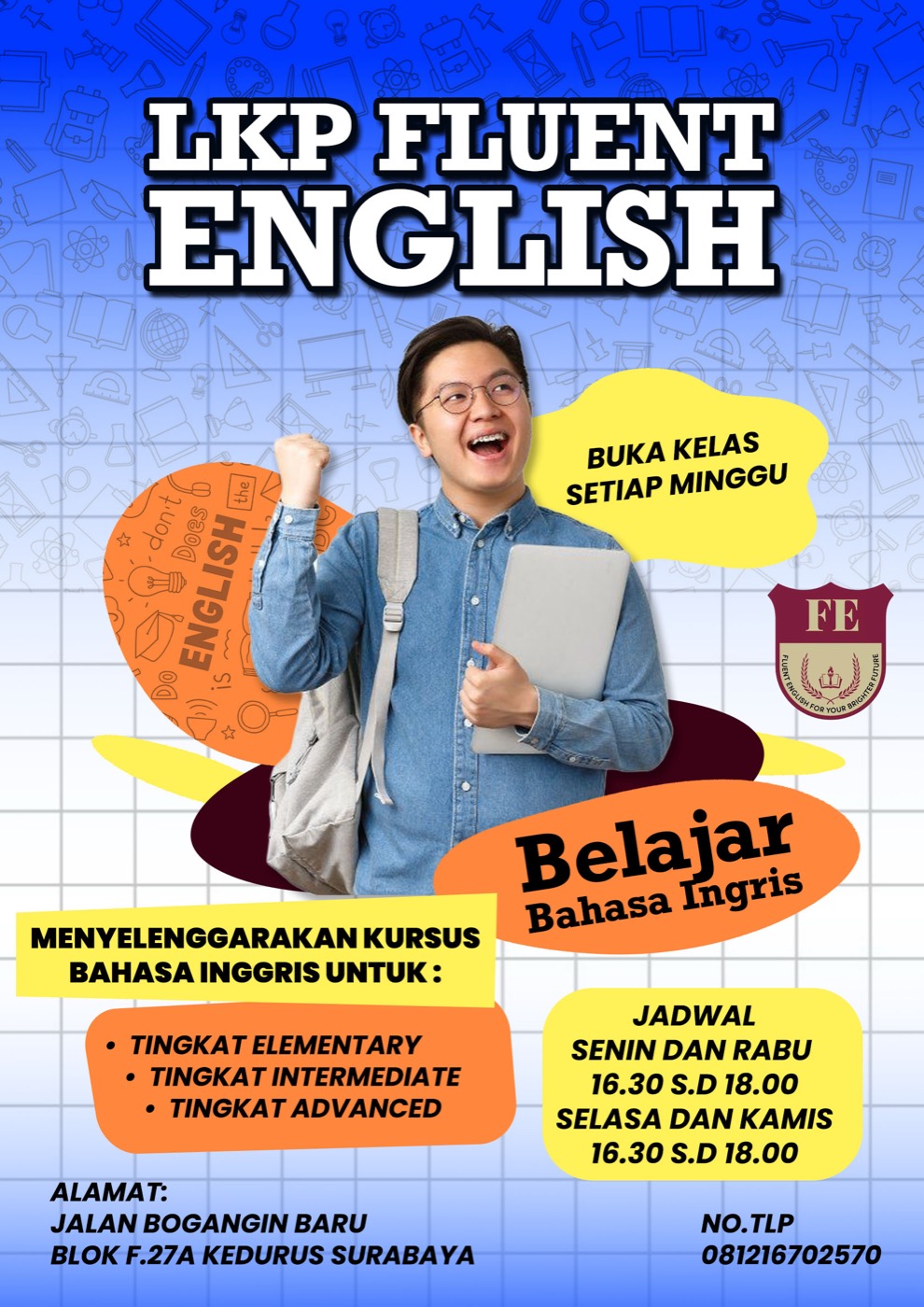 Promotional poster design for Fluent English language courses